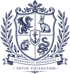 The Totin family crest: a shield with a dragon, rabbit, mouse and snake around an anchor, within a laurel wreath, above the motto Hereditas et Hospitalitas
