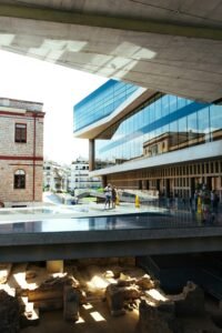 The glass and concrete galleries of the Acropolis Museum, with the excavations visible beneath the floor
