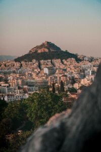 Lycabettus Hill rising above the rooftops of Athens in the evening light