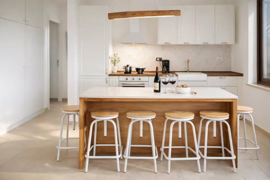 A white kitchen with a solid timber island and four stools, open shelving and a wine bottle set out on the counter.