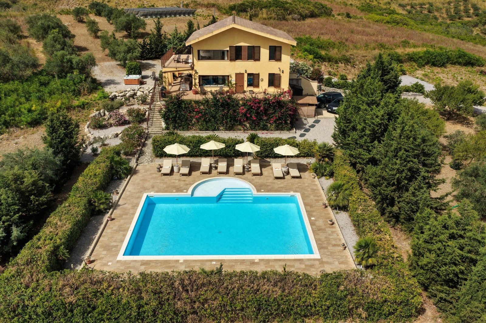 The villa and pool from the air, surrounded on all sides by rows of olive and fruit trees.