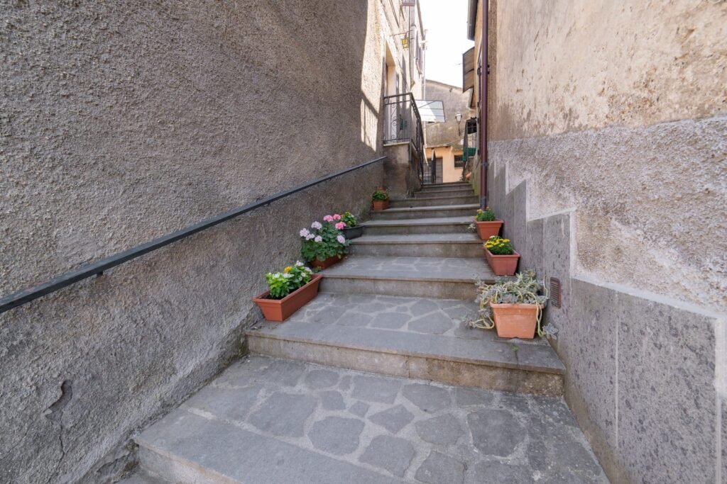 Worn stone steps rising through the village, lined with terracotta pots of flowering plants.